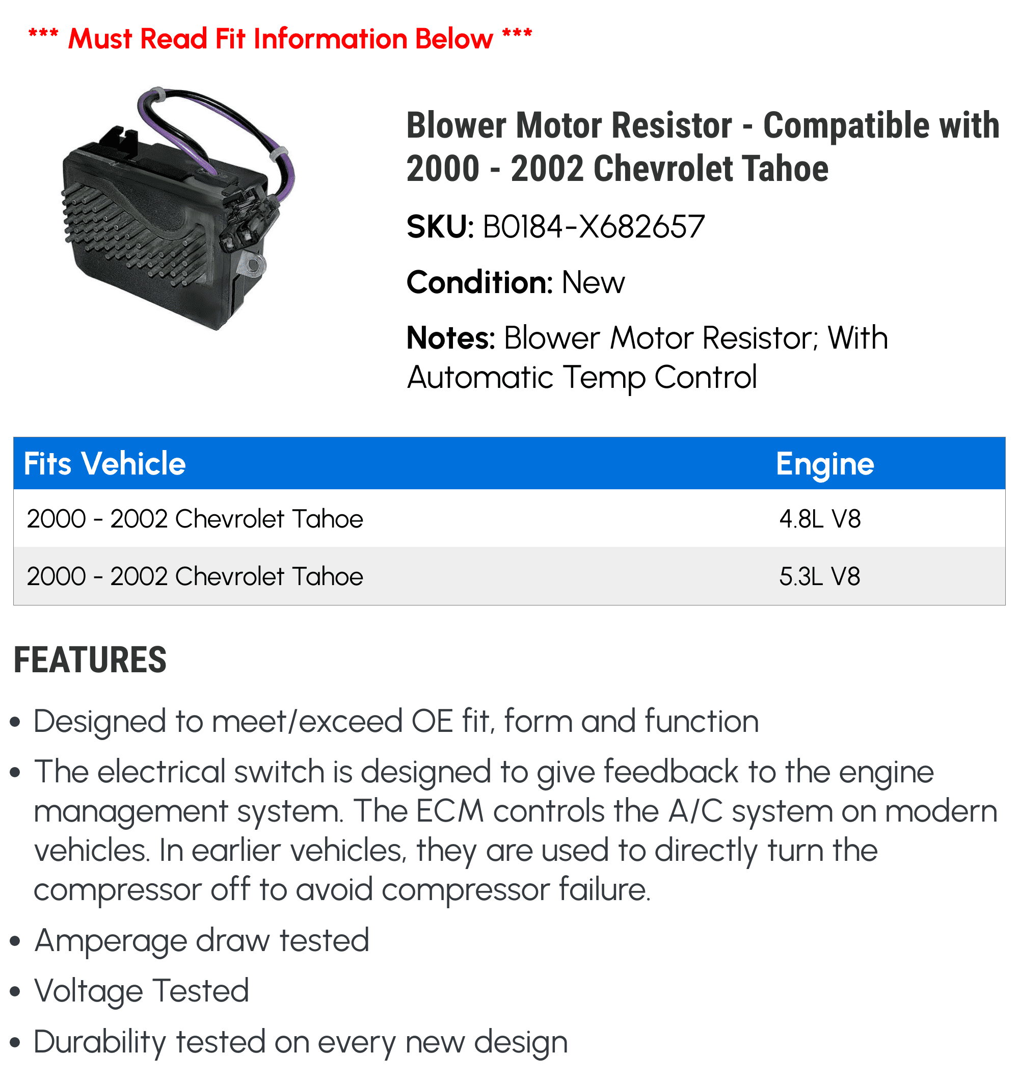 Blower Motor Resistor - Compatible with 2000 - 2002 Chevy Tahoe 2001
