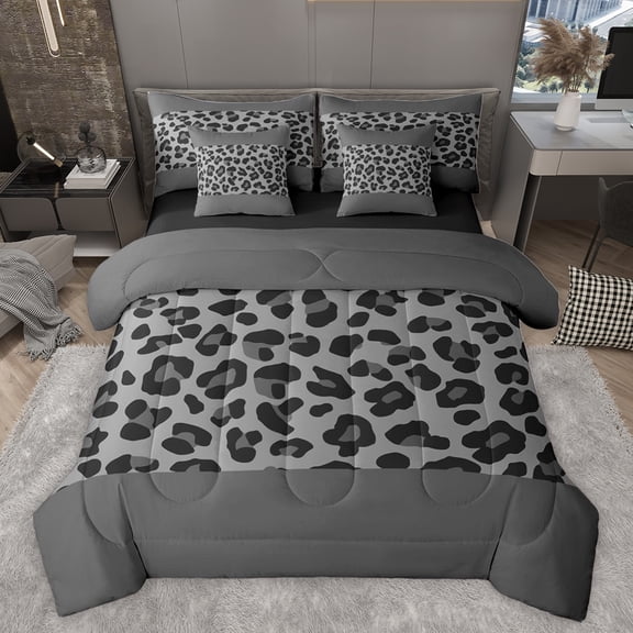 jejeloiu Leopard Cheetah Pattern 7-Piece Twin Bedding Sets,Chic Minimalist Aesthetic Bedding Comforter Set,Gray Wildlife Print Sheet Sets For Kids,Luxury Bedroom Decor Reversible
