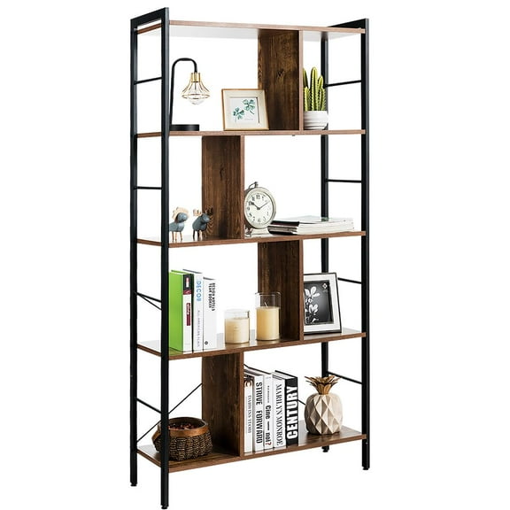 Giantex Industrial Style Bookshelf, Free Standing Storage Display Shelves, Study Storage Rack, Bookcase w/Dividers, Wood Shelving Unit for Home Office