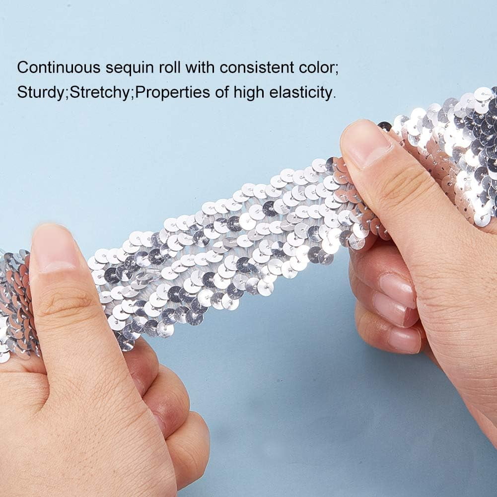 Elastic Sequin Flat Glitter Stretch Bling Paillette Fabric Ribbon Applique Trim Lace Band for Dress Embellish Headband (45mm/ 1.7inch Wide 10yards Long Silver)