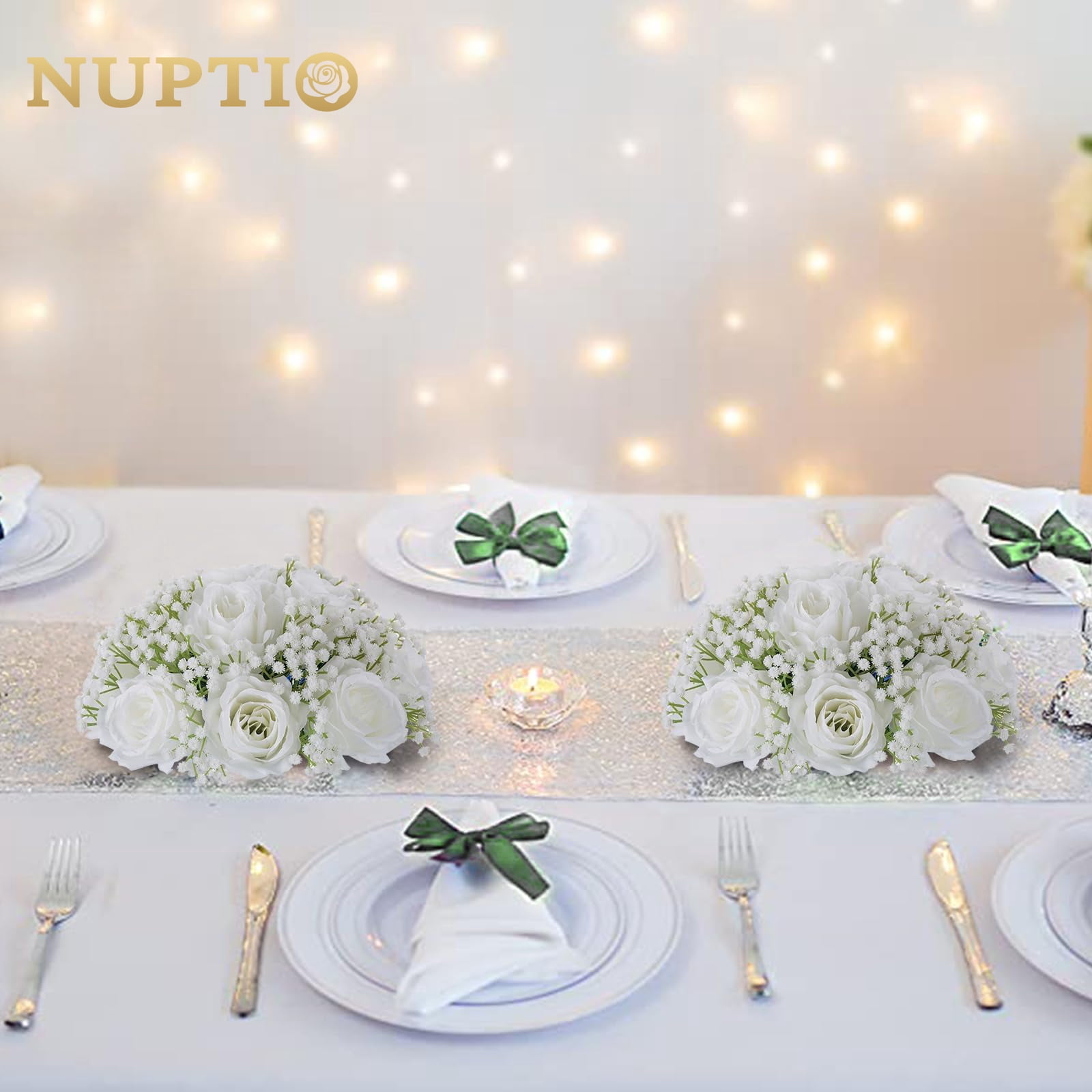 NUPTIO Baby Breath Centerpiece White Flowers：10 Pcs White Roses Artificial Flowers Centerpiece Wedding
