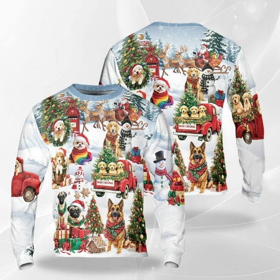 Christmas Dogs Sweatshirt, Festive Holiday Crewneck, Cute Puppies, Santa, Red Truck & Tree Design, Cozy Xmas Pullover for Men Women Dog Lovers
