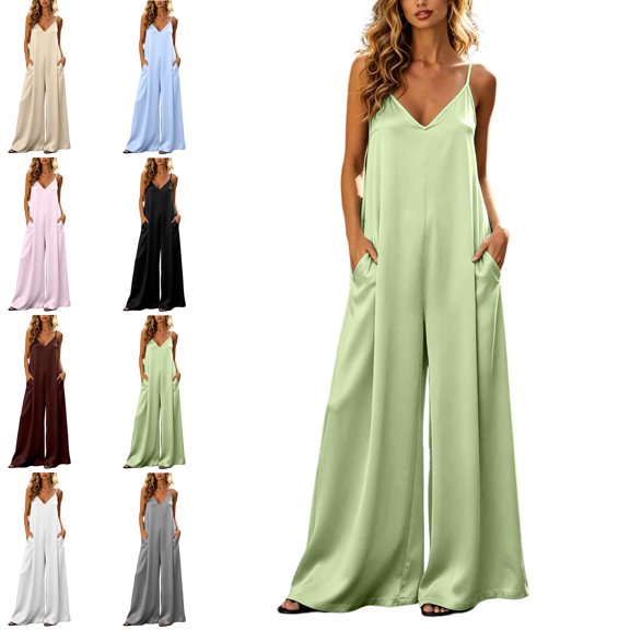 MLCDZ Womens Satin Wide Leg Jumpsuits Dressy Casual Flowy Spaghetti Strap V Neck Sleeveless Indoor Date Night Rompers One Piece Outfits with Pockets