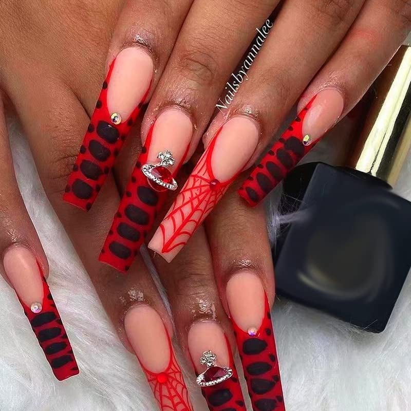 French Tip Long Press on Nails with Designs Black and Red Spider Web False  Fake Nails Giltter Acrylic Nails Press On Coffin Artificial Nails for Women  Stick on Nails With Glue on