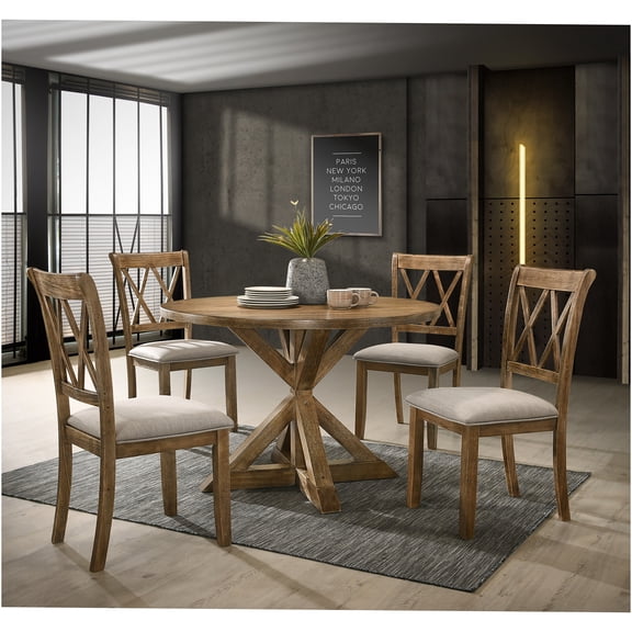 JERFIT 5-Piece Round Dining Set with Cross-Buck Pedestal Base and Upholstered Chairs, Cottage Oak Brown Solid Wood Kitchen Table for 4