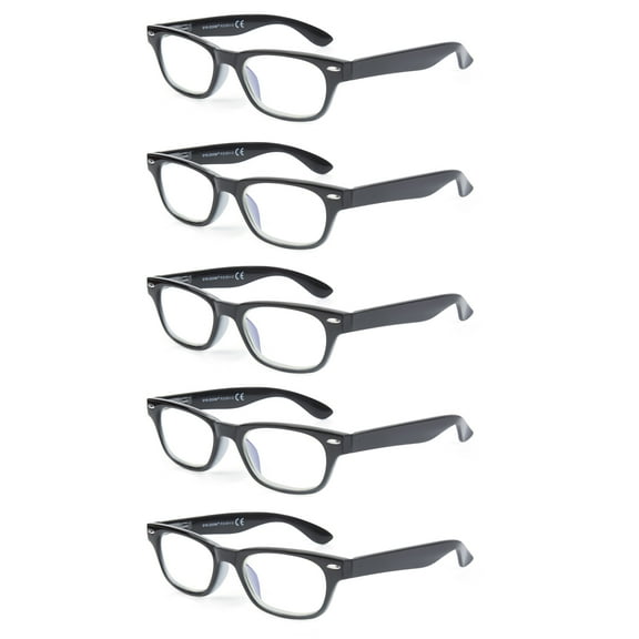 EYE ZOOM 5 Pack Vintage Plastic Frame Blue Light Blocking Reading Glasses for Man and Women, Black, 2.50