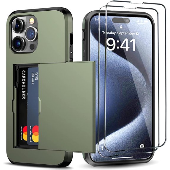 for iPhone 15 Pro Wallet Case with Card Holder 2 Tempered Glass Screen Protector, Heavy Duty Protective Dual Layer Shockproof Hidden Card Slot Slim Case Women Men 6.1 inch (Deep Green)
