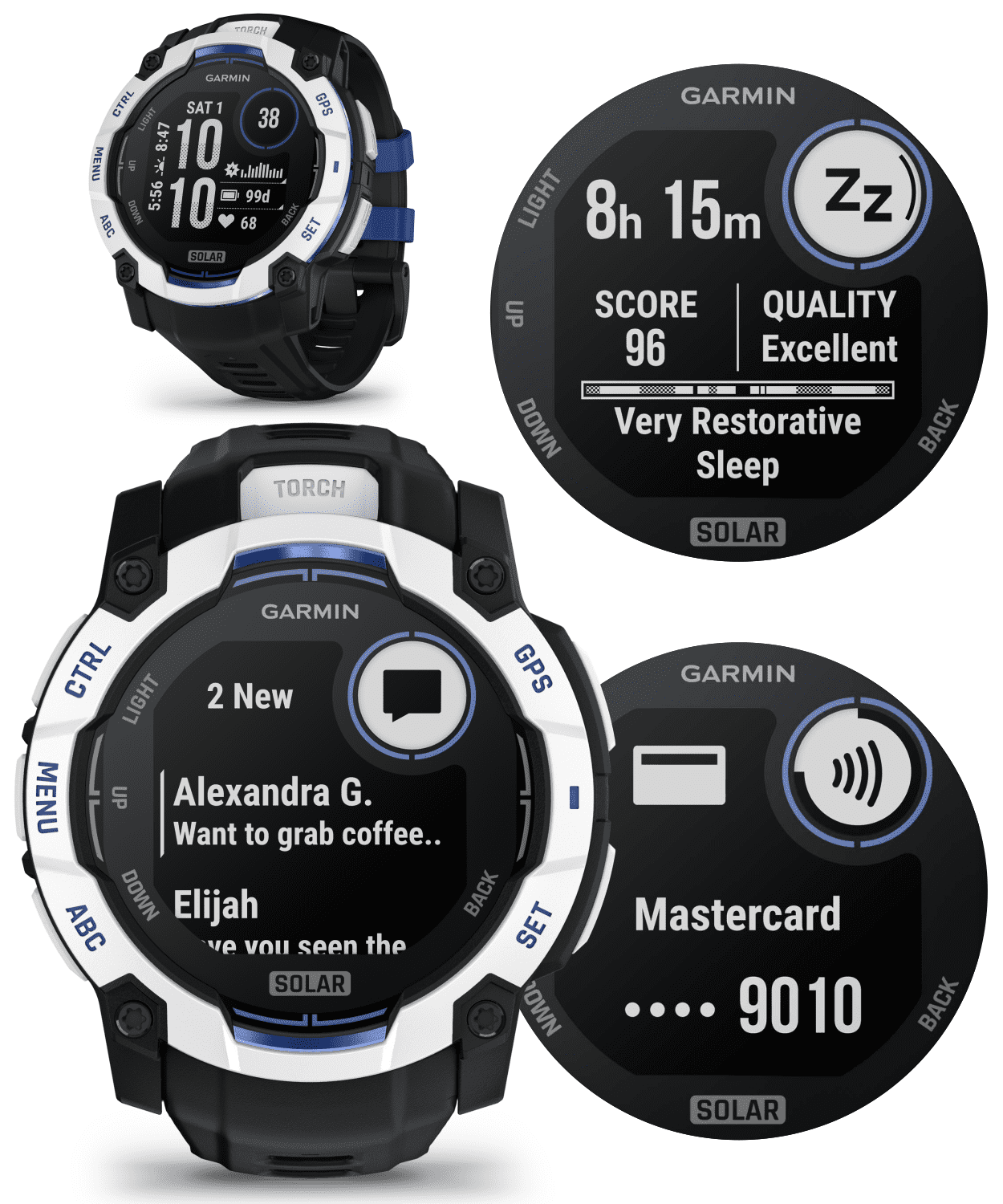 Garmin Instinct 3 Rugged Outdoor GPS Smartwatch 50mm Solar, Supernova Collection, Health & Fitness Tracking, Unlimited Battery, Whitestone/Bolt Blue w/ Wearable4U PowerBank Bundle