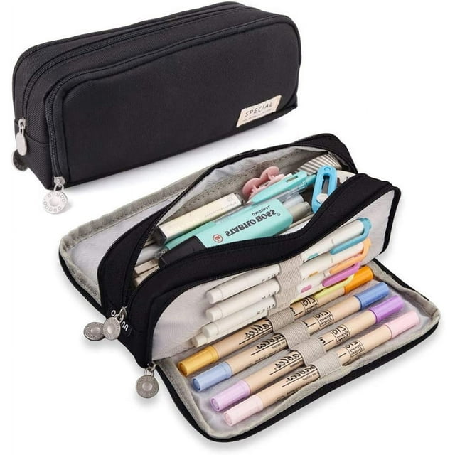 AMERTEER Trousse à Crayons Grande Capacité Sac à Crayons 3 Compartiments Trousse à Crayons Oxford Rangement de Papeterie Sac à Stylos Trousse à Crayons pour Filles et Garçons Étudiants (Noir)