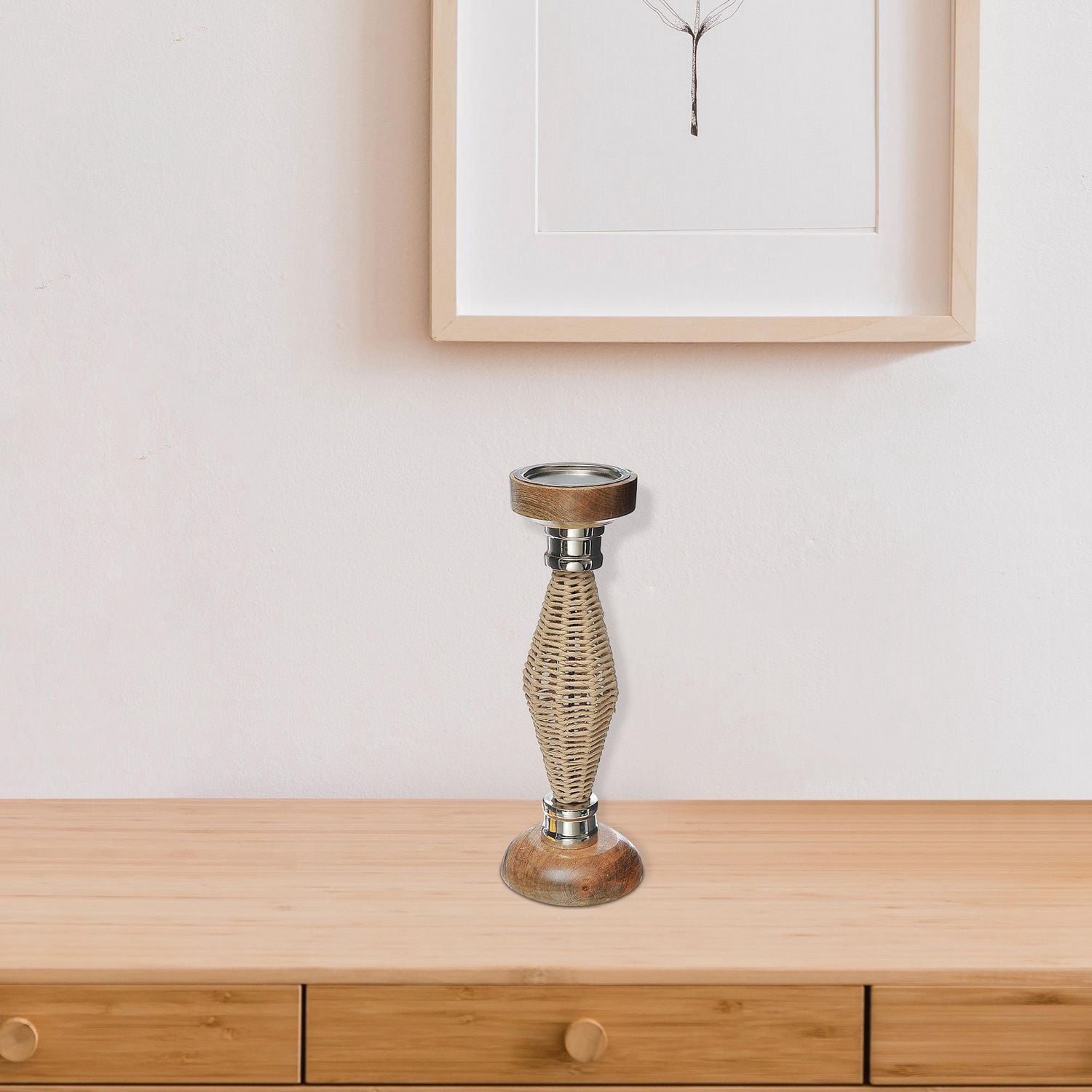 Diamond Raffia Metal Pillar Candlestick 14"