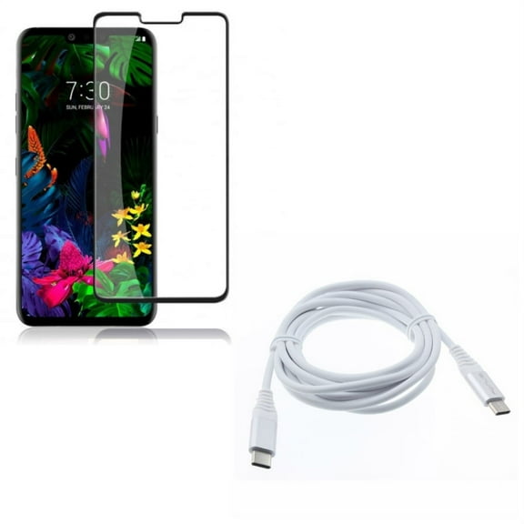 G8 ThinQ Screen Protector w USB Cable - Tempered Glass 3D Curved Edge Case Friendly Full Cover, 6ft Type-C to Type-C Charger Cord Power Wire for LG G8 ThinQ Phone
