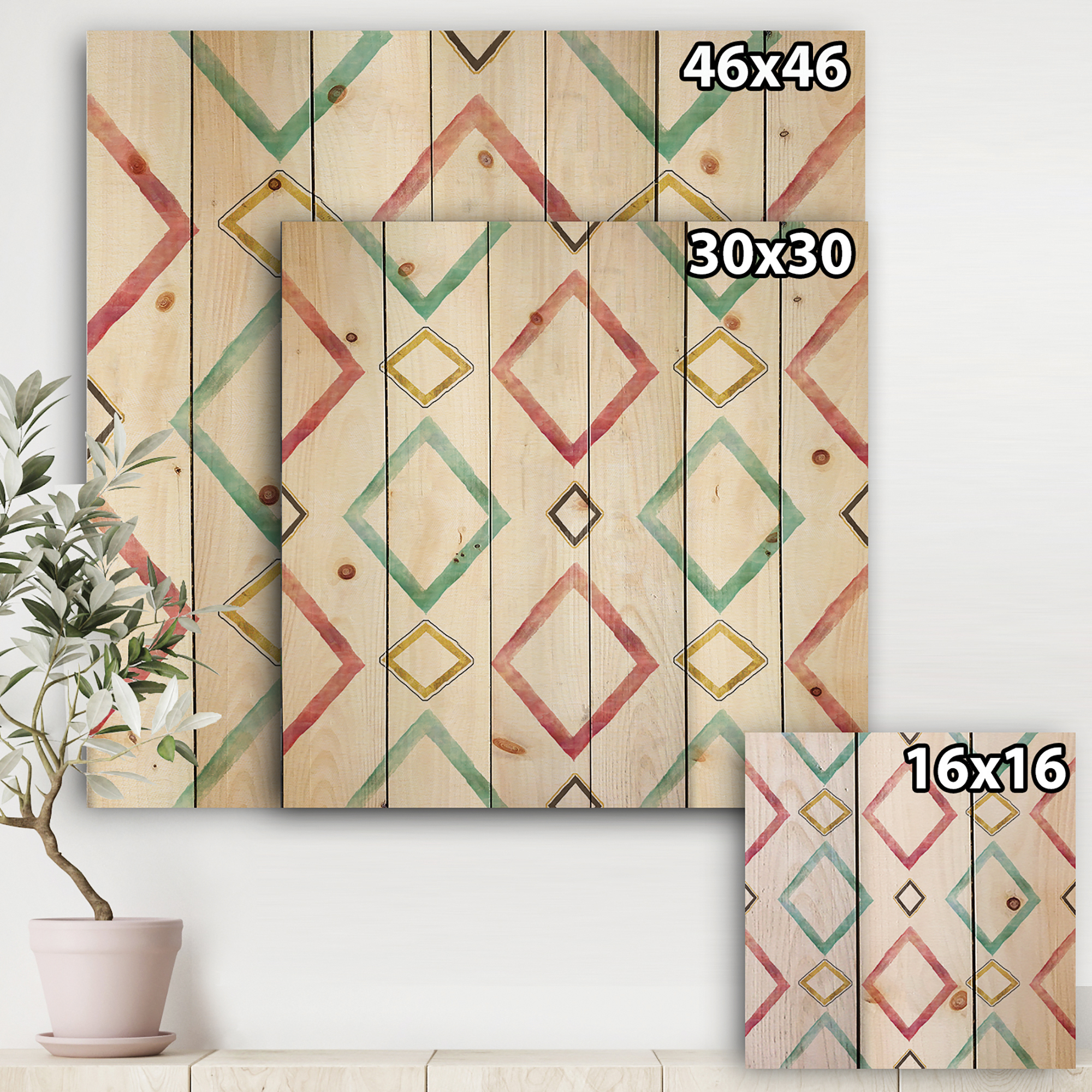 Designart 'Gilded Red and Blue Diamonds' Transitional Print on Natural Pine Wood