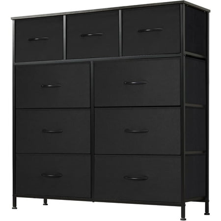 Dresser for Bedroom Chests of Drawers Storage Organizer with 9 Drawers Sturdy Metal Frame Wood Tabletop for Guest Room Closet Entryway Nursery Black