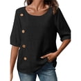 thumbnail image 2 of Camiseta Informal Holgada de Corta con Cuello Redondo y Botones de Algodón y para Mujer, Estilo Formal y de Trabajo Negro L, 2 of 7