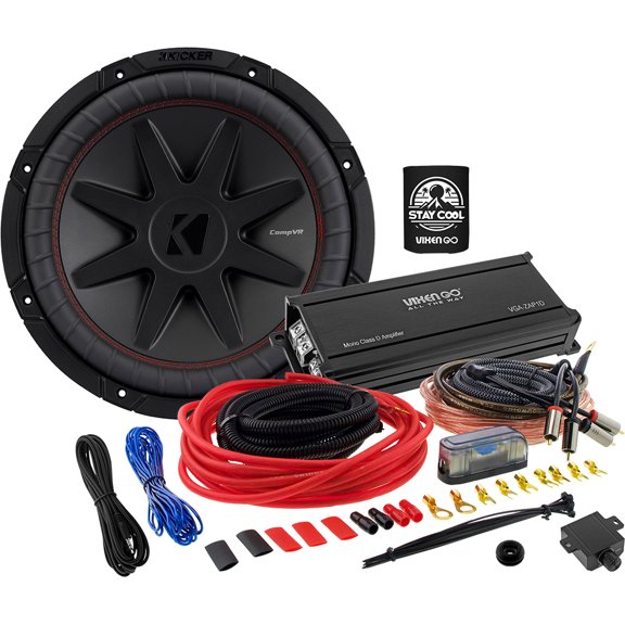 KICKER Subwoofer and Amp Package of 3 Items - 10" CompVR 750 Watt Max Sub, Vixen Go Class D Monoblock Amplifier, and Complete 8AWG Wiring Kit 52CVR104+VGA-ZAP1D+VGK8GA