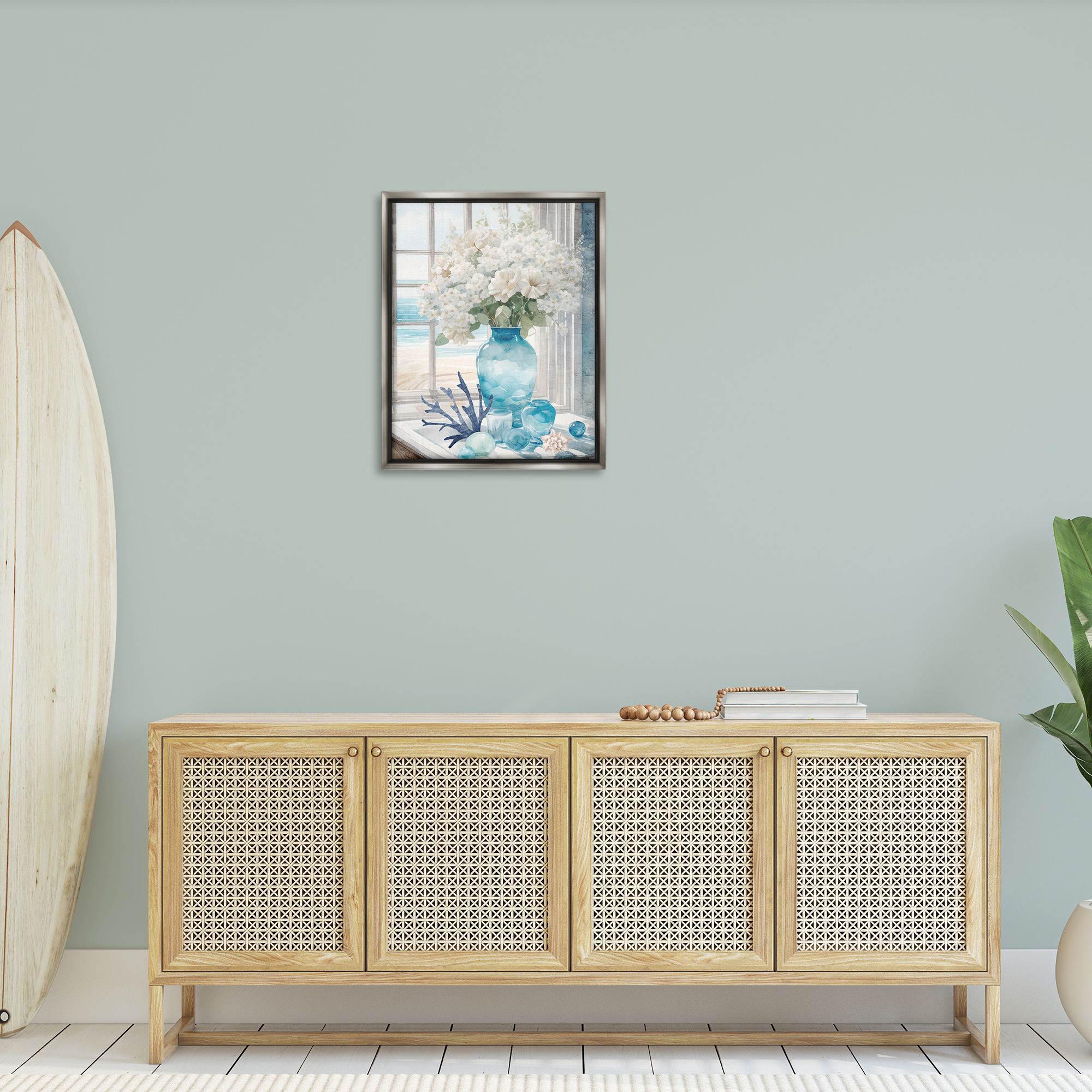 Stupell Industries Coastal Flower Vase Botanical & Floral Painting Gray Floater Framed Art Print Wall Art, 25 x 31