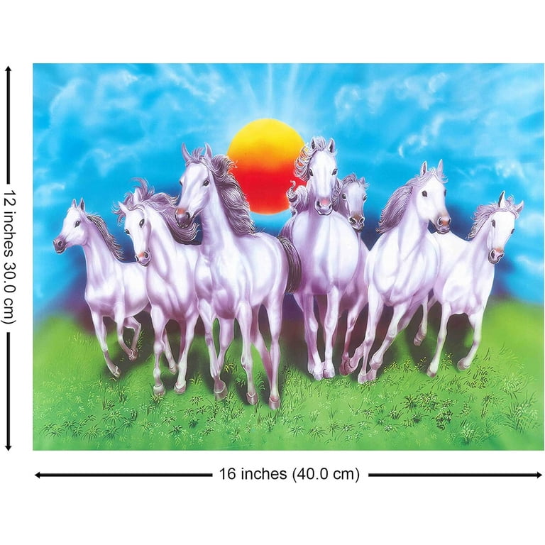Seven 7 white galloping horses at sun rise time, poster print