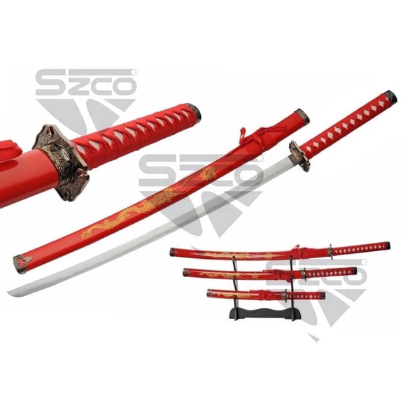 SZCO 3 Piece Gold Dragon Red Samurai Sword Set Carbon Steel Blades Red Scabbards Wooden Display Stand Decorative Collectible Sword Set