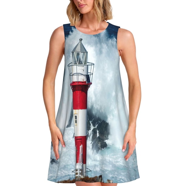 Fotbe Circular Lighthouse Vestido de Verano sin Mangas para Mujer – Vestido Midi Línea A, Estilo Camiseta Floral, Vestido Playero Casual y Fluido
