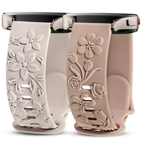 TOYOUTHS 2 Pack Rose Floral Engraved Bands Compatible with Samsung Galaxy Watch 7/6/5/4 Band 40mm 44mm, Women 20mm Silicone Dressy Embossed Flower Strap for Active 2/Watch 5 Pro/Watch FE