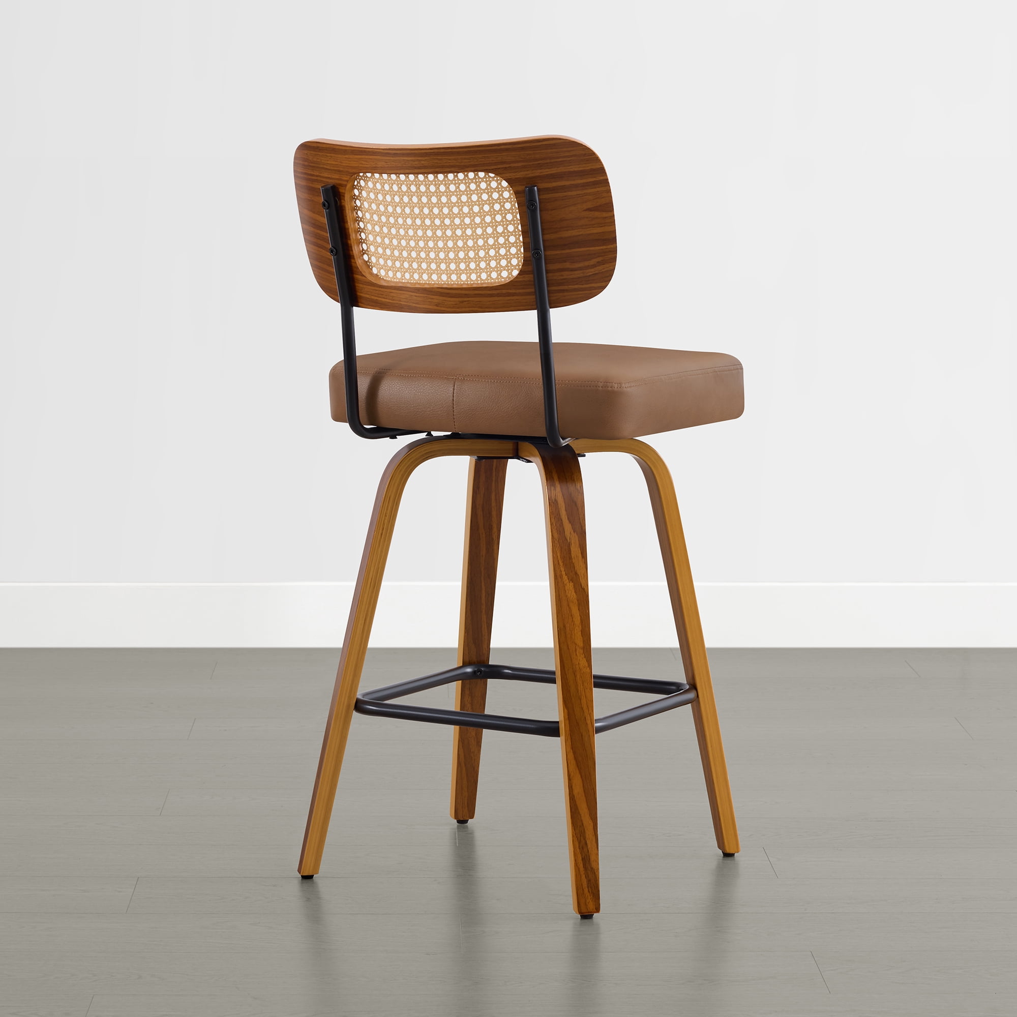 Spruce & Spring 26" Swivel Counter Bar Stool with Walnut Bentwood Frame Set of 2, PE Rattan Back, Brown