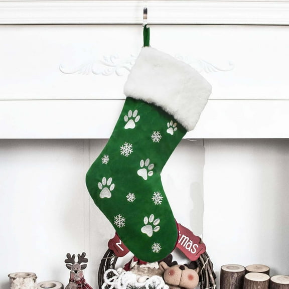 Large Christmas Stockings 8.7 x 18inch Dog Paw Print Snowflake Pattern Hanging Stockings Green Christmas Decorations Gift Bag Hanging Ornament for Xmas Holiday Party Pet Home