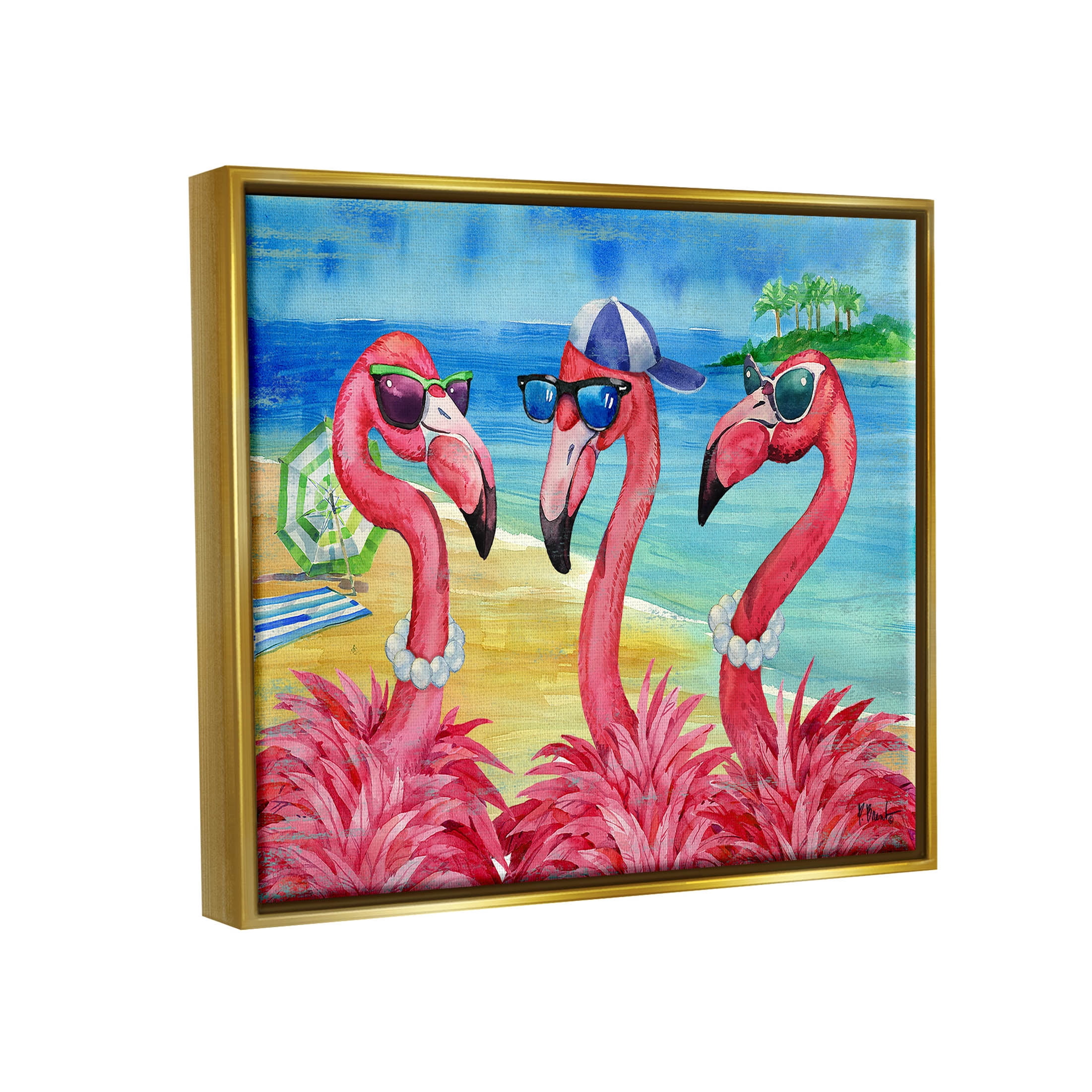 Stupell Industries Flamingo Friends Tropical Island Coast Graphic Art Metallic Gold Floating Framed Canvas Print Wall Art, Design by Paul Brent