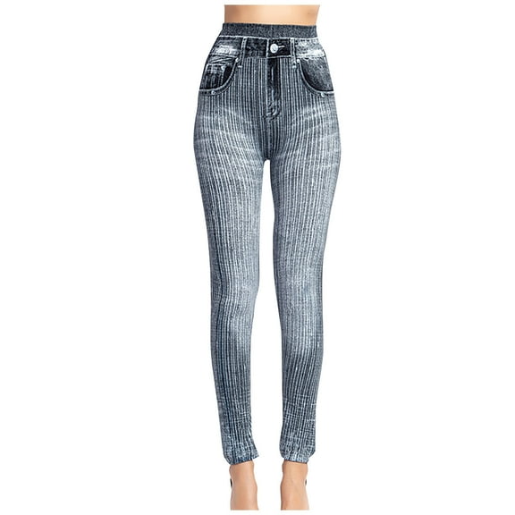 JeashCHAT Tights for Women Vertical Stripe Imitation Denim Leggings Show Thin Buttock Raising Capris