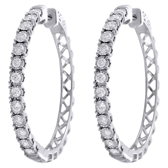 10K White Gold Miracle Set Diamond Large 3.25mm Hinged Hoop Earrings 1 CT.