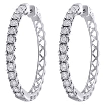 10K White Gold Miracle Set Diamond Large 3.25mm Hinged Hoop Earrings 1 CT.