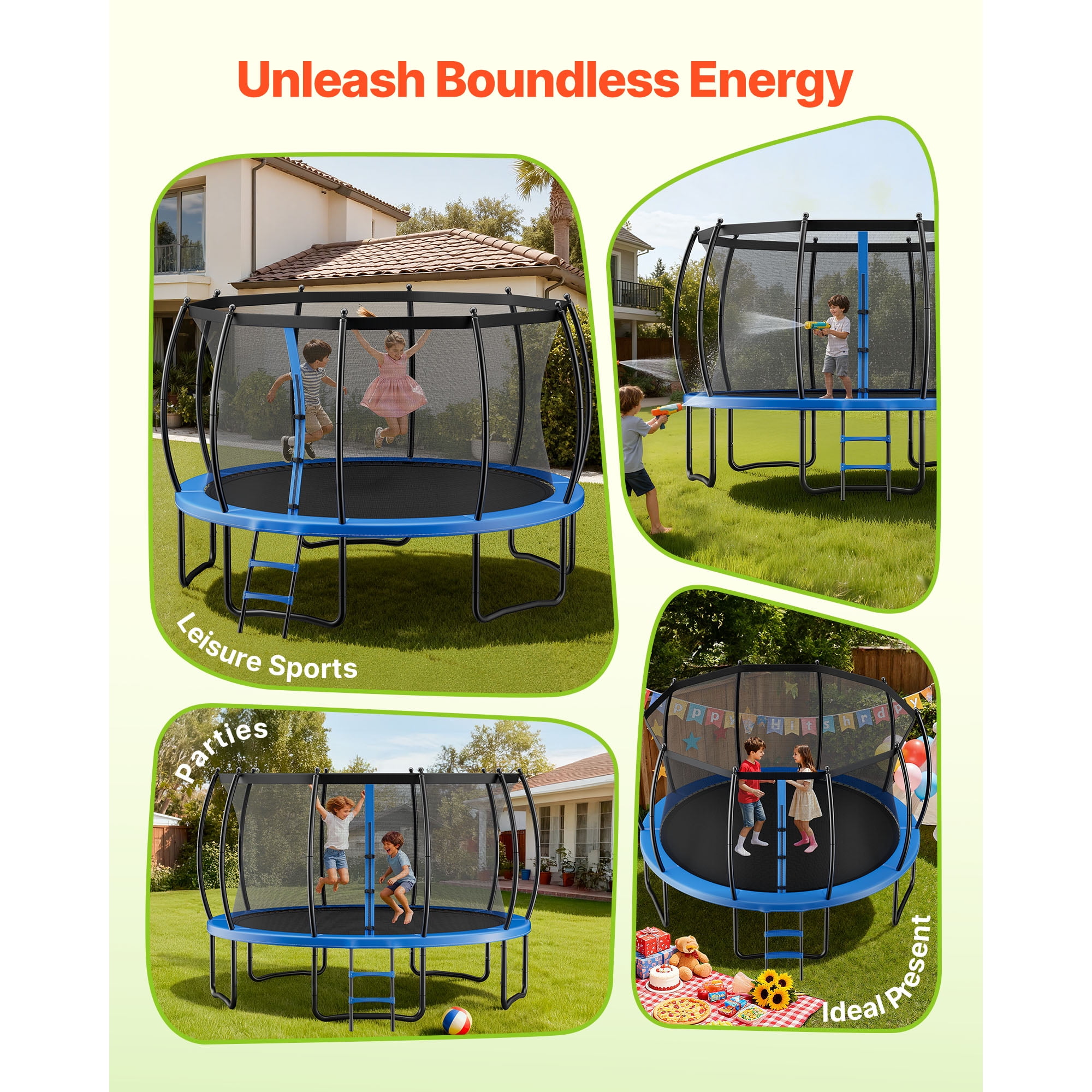 KFFKFF 15FT Outdoor Trampoline with Safety Enclosure Net, Durable Frame, and Thick Protective Pad, Supports Up to 470 lbs, Rust-Resistant Design for Backyard Fun