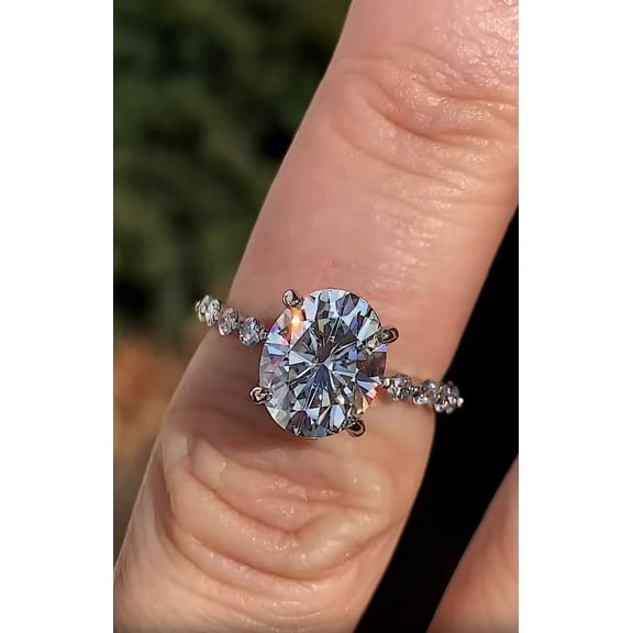 Solitaire Brilliance 2CT Oval Moissanite Diamond Distance Pave Band Engagement Ring 10K White Gold, Ring Size 4