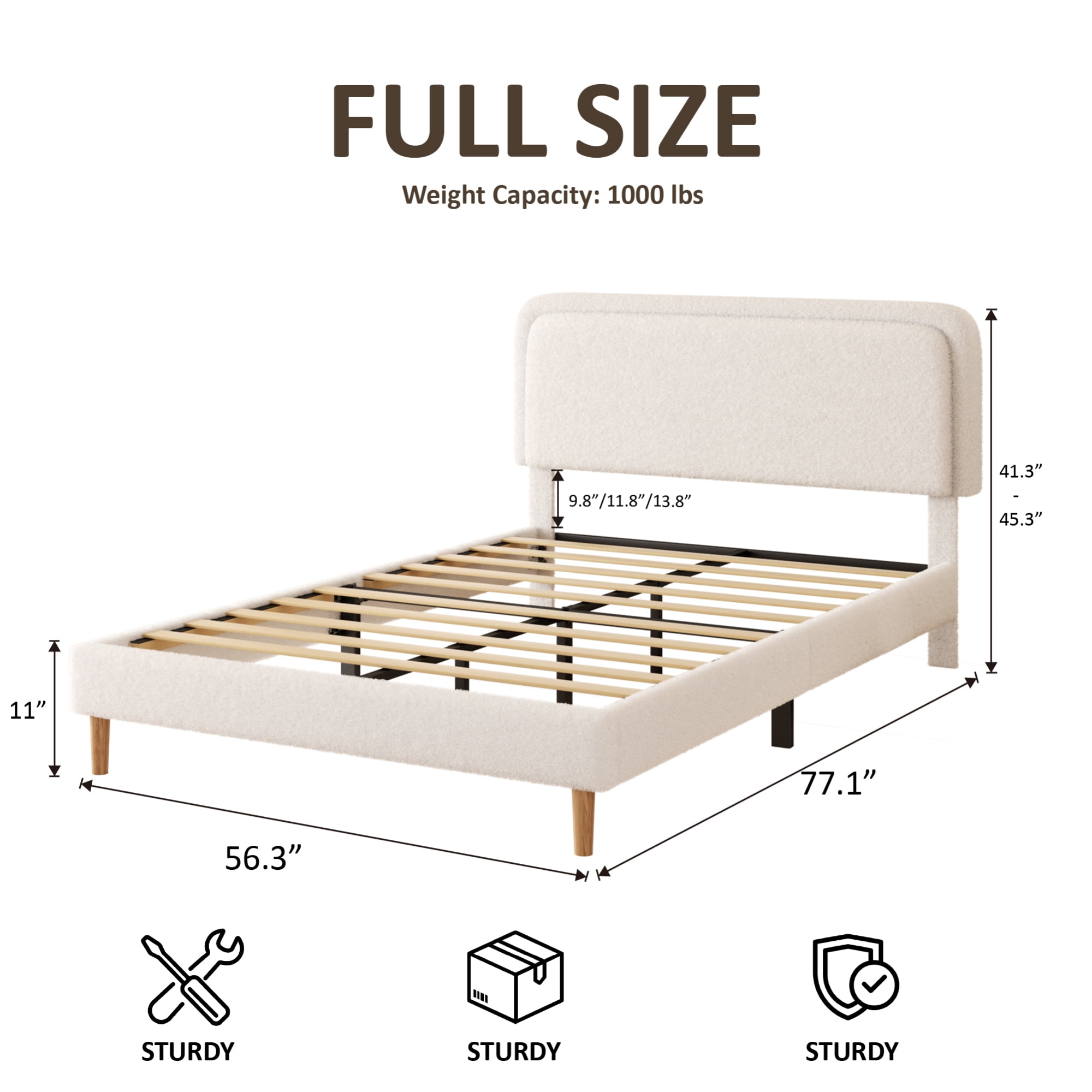 Leumius Full Bed Frame,Upholstered Platform Bed Frame with Height-Adjustable Headboard,Sturdy Frame,Quiet Design,Easy to Assemble,Beige