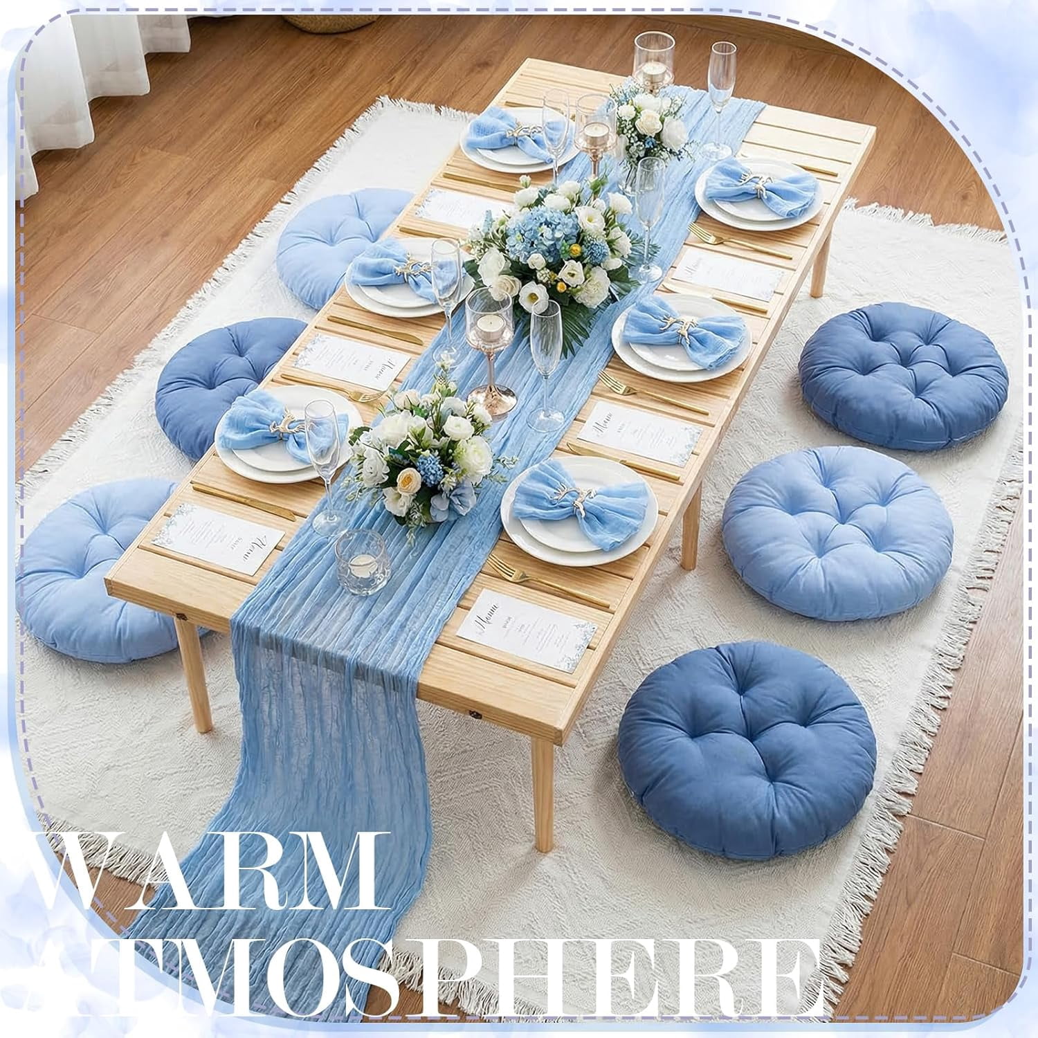 91 x 71'' Extra Large Outdoor Picnic Blanket with Blue Picnics Table Runner 6 Napkins and 6 Blue Floor Pillows Cushions for Picnic Party Camping Wedding Bachelorette Birthday Baby Shower Decor