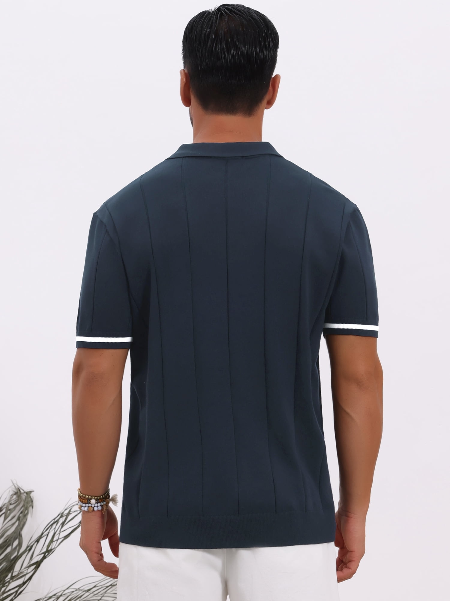 DARING DIVA Men's Textured Zip Up Ribbed Hem Short Sleeve Golf Polo Shirts S Navy Blue
