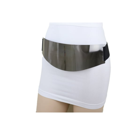 Women Black Stretch Belt Wide Pewter Plate Metal Buckle S M