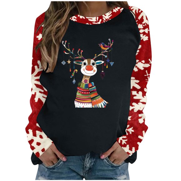 lcziwo Christmas Reindeer Print Pullovers Sweatshirts for Women Funny Holiday Tops Loose Long Sleeve Plus Size Pullover Trendy Crewneck Pullovers Clearance Black,L