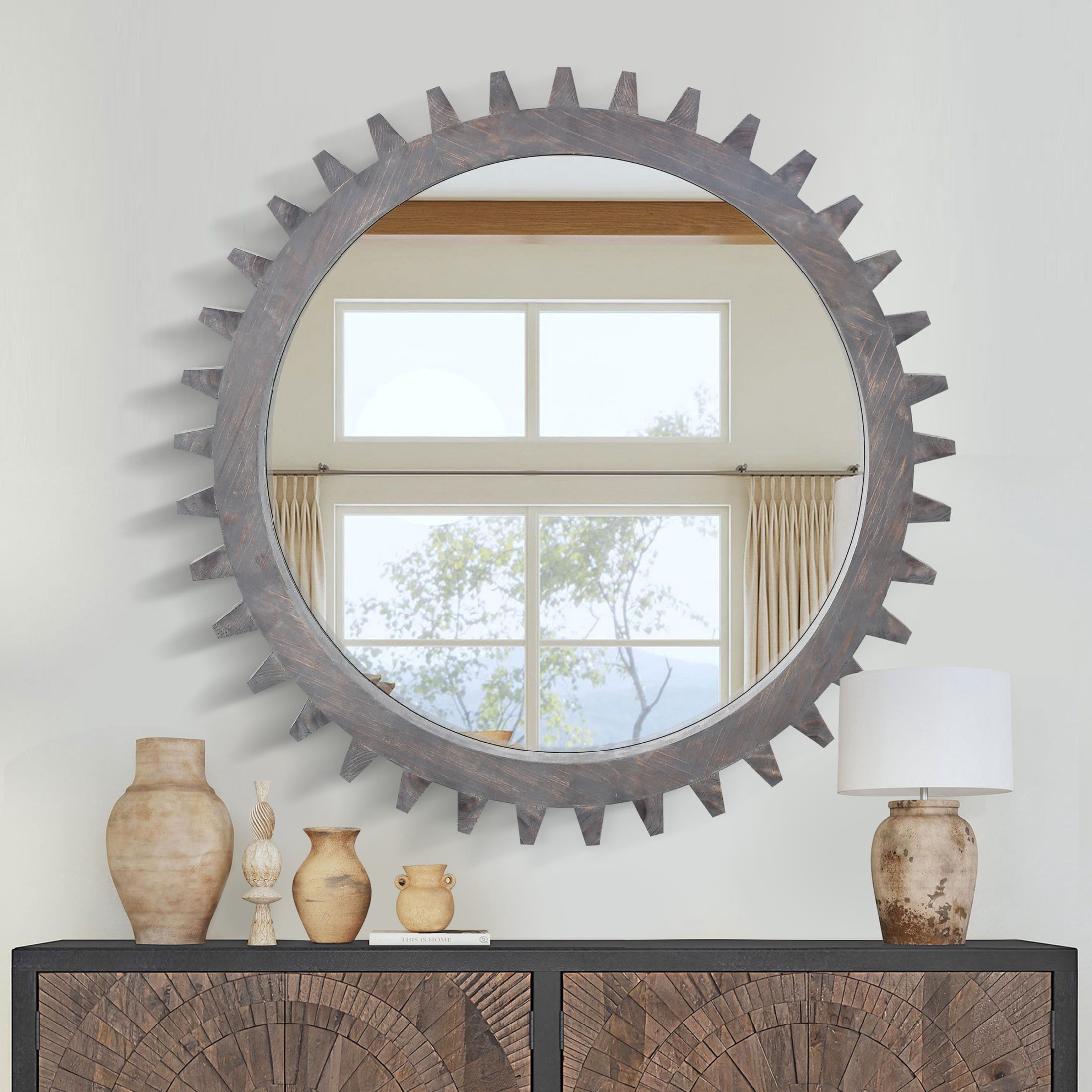 Noble House Vintage 42'' Wood Round Hanging Gear Shape Heavy Decorative Mirror For Bathroom Living Room Entryway, Dark Brown