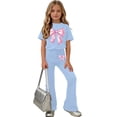 thumbnail image 5 of ATOGUTA Girls Going Out Outfits Kids Short Sleeve T-Shirts and Elastic Waist Flared Pants Size 5T-15 Teens Summer Cute Clothes Sets Light Blue, 5 of 7
