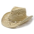 thumbnail image 2 of Women's Crochet Western Cowboy Straw Hat Hollow Out Woven Sun Hat with Pom Pom Band, 2 of 4