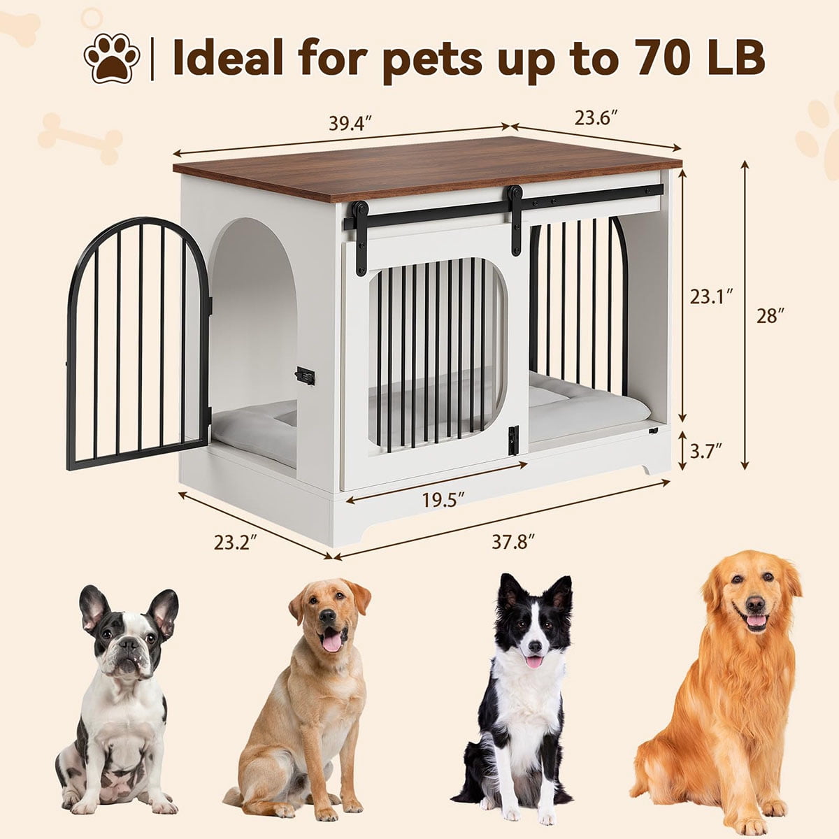 Ataucjin 39.4" Dog Crate Furniture, Dog Kennel for Dogs Up to 70 Lb, with Bed Mat, Heavy-Duty Dog Cage End Table, Three Doors Dog House