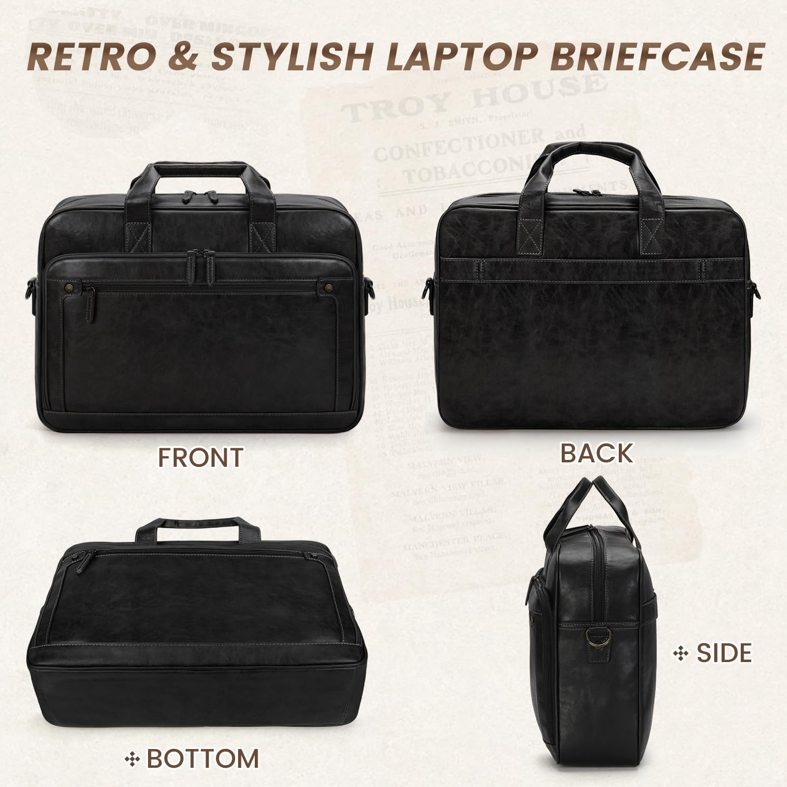 RAINSMORE Mens Laptop Bag 16 Inch Leather Briefcase Vintage Messenger Bag for Men Large Crossbody Shoulder Office Computer Bag Retro College Satchel Bag for Work, Business,Travel,Black