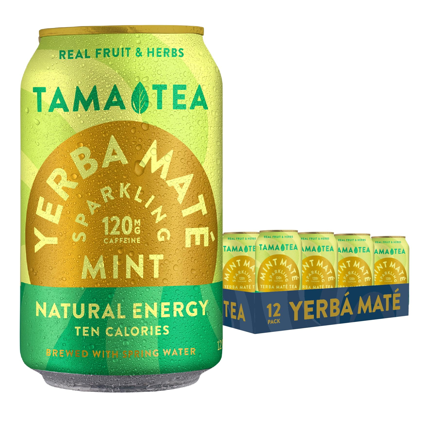 Sparkling Mint Yerba Mate Tea by Tama Tea - Healthy Energy Drink Alternative -Made with Real Fruit & Herbs - 120mg of Caffeine, No Sweeteners, 10 Calories - 12oz Pack of 12