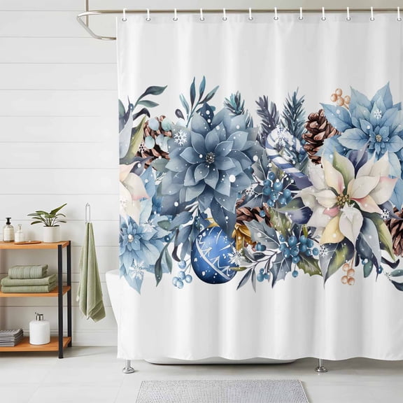 Shower Curtains for Bathroom, Blue Christmas Poinsettia Waterproof Fabric Shower Curtain, Xmas Botanical Balls Snowflake Decorative Bathroom Curtain for Bathtub, 36"x72", No Hooks Included