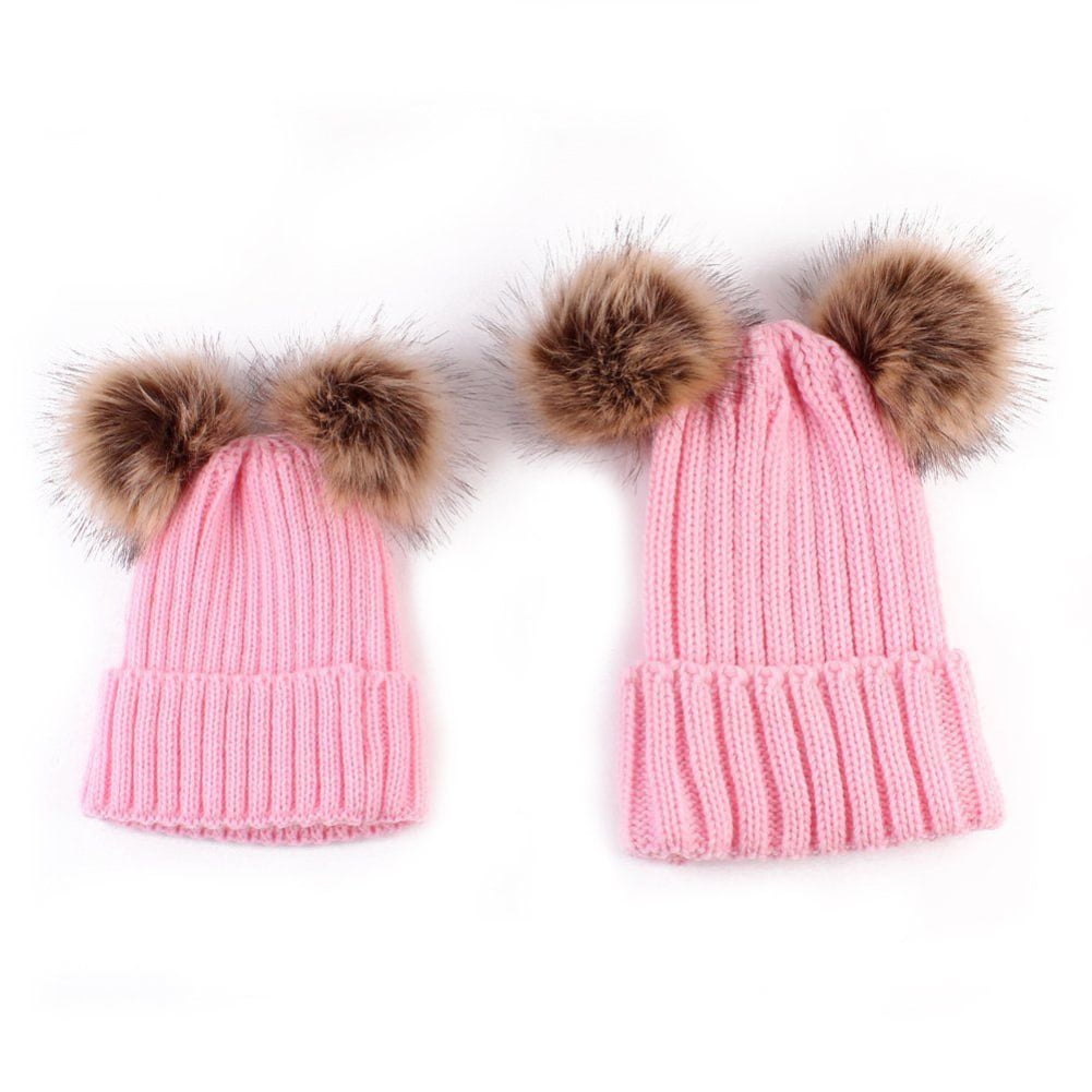 Mom&Newborn Baby Boy Girls Warm Double Fur Pom Bobble Knit Beanie Hat Caps Set 