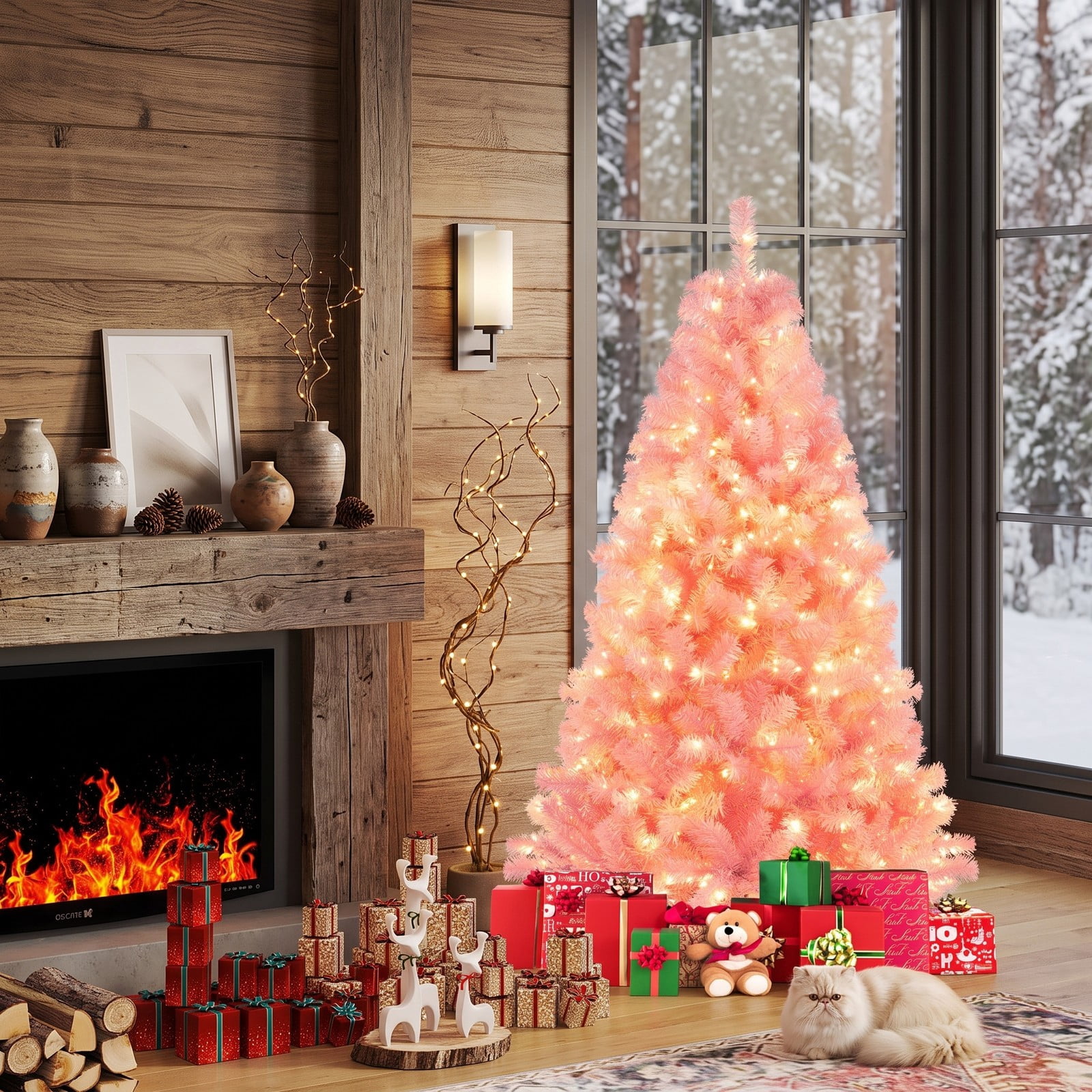 RUIE 6ft Pre-Lit Tinsel Christmas Tree, Artificial Xmas Tree with 250 Warm White LED Lights, 688 Lush Branch Tips, 8 Lighting Modes, Metal Base Holiday Decoration, Pink