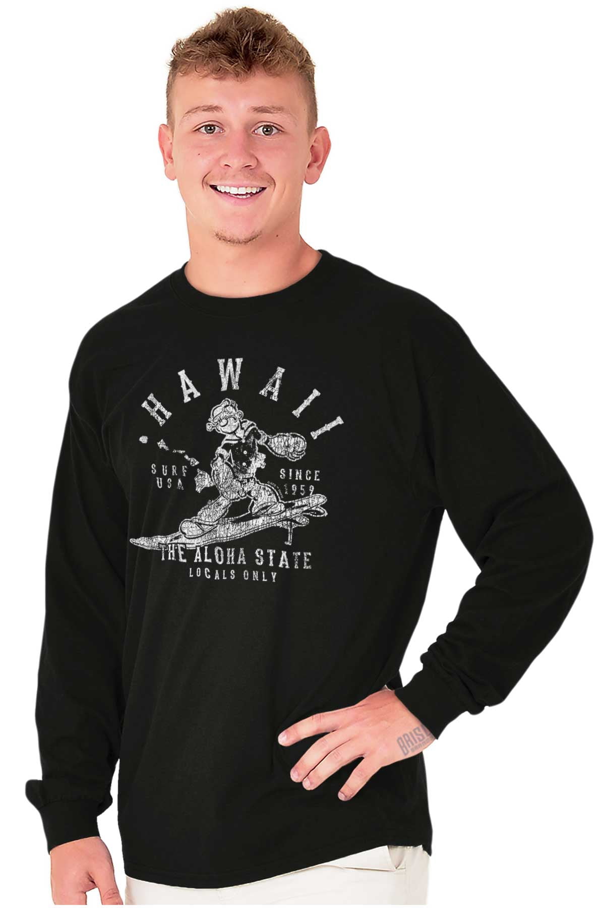 Popeye Surfing in Hawaii Aloha State Long Sleeve TShirt Men Women Brisco Brands M