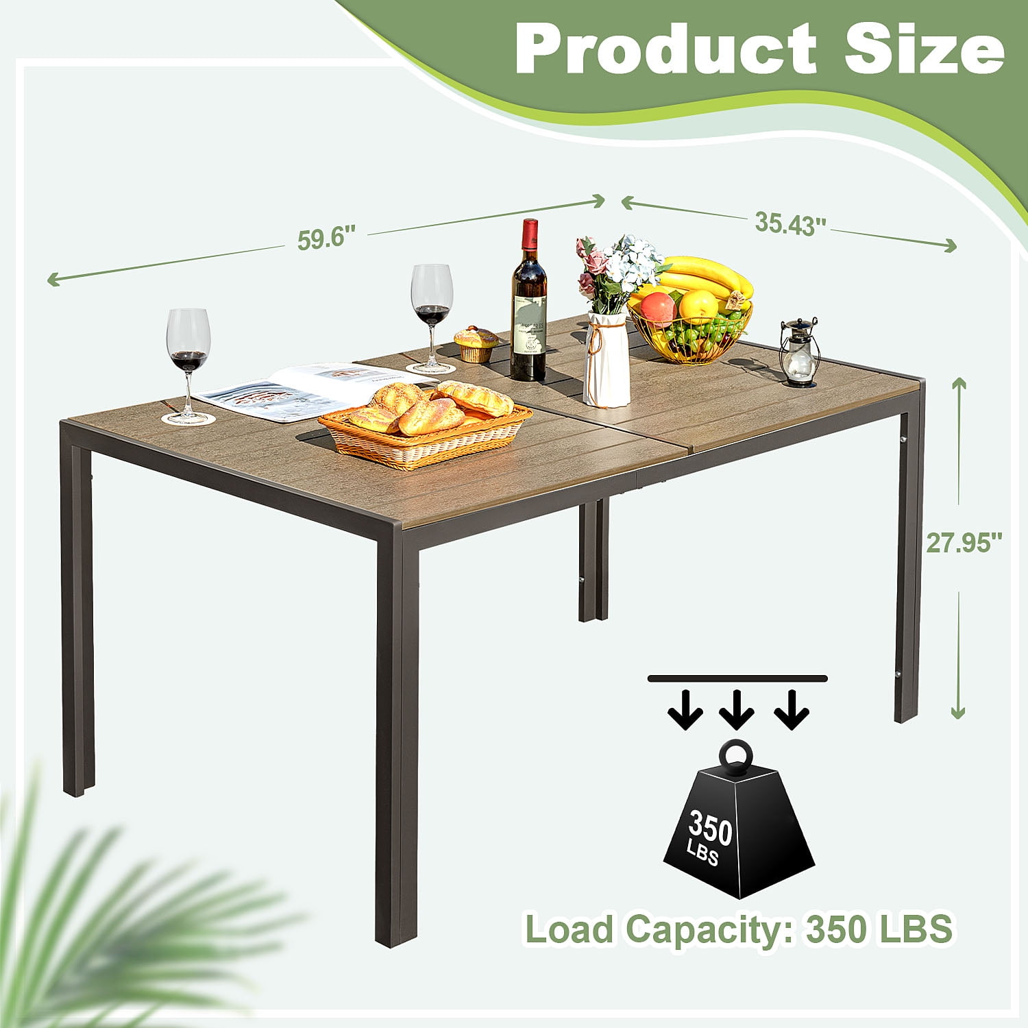Devoko  Patio Dining Table 59" x 35" Outdoor Furniture Metal Rectangular Table, Brown