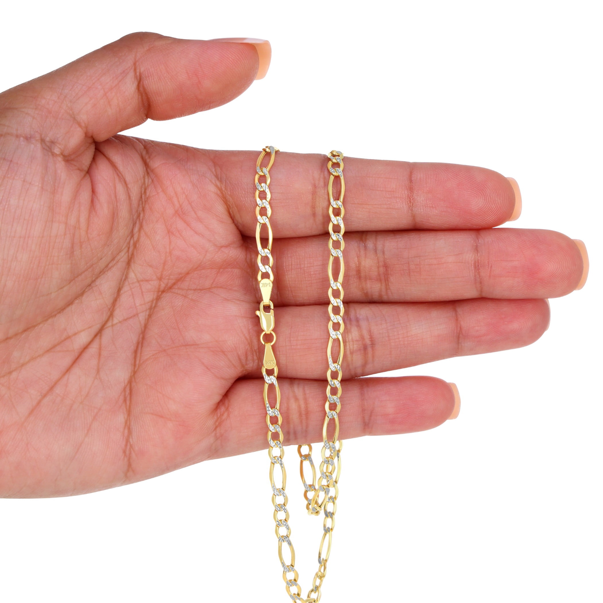 Nuragold 14k Real Yellow Gold Figaro Link 3.5mm Diamond Cut Two Tone Pave Chain Bracelet (7"-9") Italian Jewelry for Men & Women