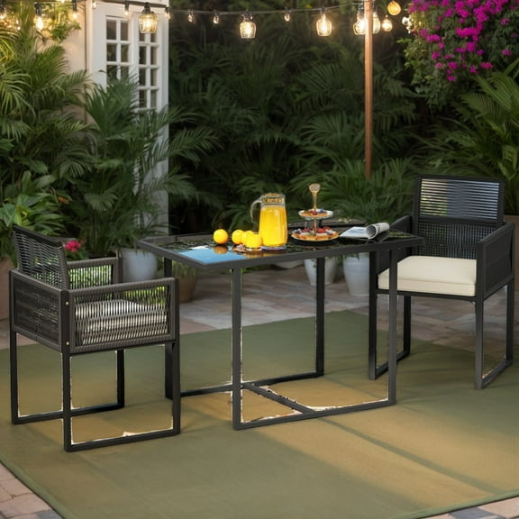 GVN Outdoor Conversation Sets,Patio Furniture Sets,3 Pieces Patio Tempered Glass Top Table and Chairs Set for Porch Backyard-White